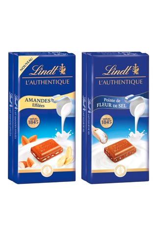 6 tablettes de chocolat L'authentique au lait fleur de sel - 6 x 100 g et 6 tablettes de chocolat au lait L'authentique amandes effilées Lindt