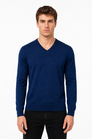 Jersey 50 % lana y 50 % acrílico - Cuello de pico. - Azul marino