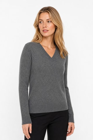 Jersey 100 % cachemir, 2 hilos - Cuello de pico. - Gris jaspeado