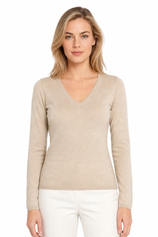 Jersey 100 % cachemir, 2 hilos - Cuello de pico - Beige