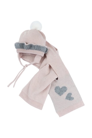 Bonnet à pompon et écharpe - Rose poudré