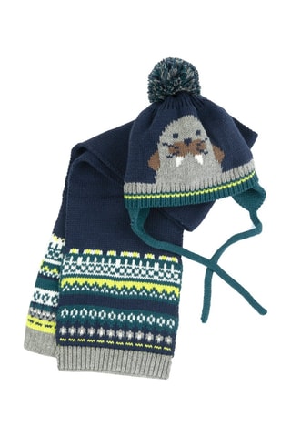 Bonnet aviateur à pompon et écharpe - Bleu nuit