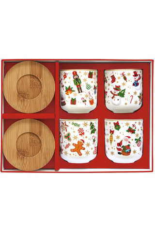 Juego de café de porcelana y bambú Christmas Friends - 4 personas