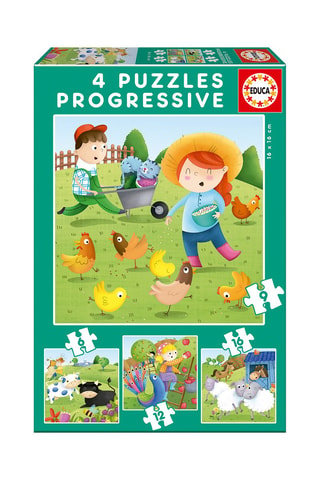 4 puzles progresivos Los animales de la granja - 6, 9, 12 y 16 piezas
