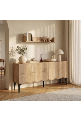 Console 4 portes et étagère murale Aethel - 80 x 180 x 40 / 15 x 100 x 15 cm
