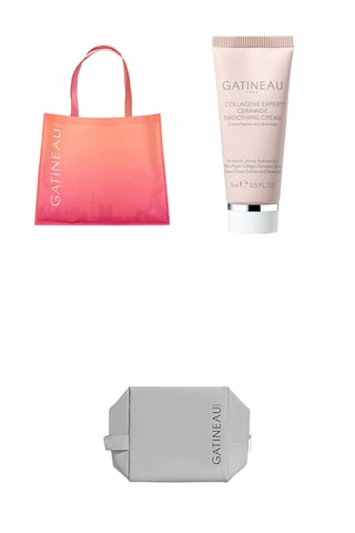 Tote bag - Oranje en roze, Gladmakende crème met ceramiden - Hyaluronzuur & Vitamine C - Collageen Expert - 15 ml en Toilettas - Grijs