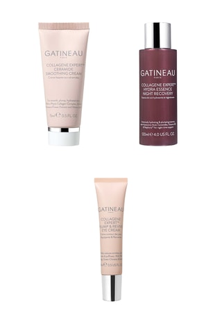 	Gladmakende crème met ceramiden - Hyaluronzuur & Vitamine C - Collageen Expert - 15 ml en Hydraterende nachtessence met collageen - Gevoelige huid - 120 ml en Oogcontourcrème - 15 ml