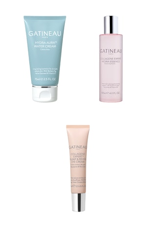 Hydraterende watercrème - Karitéboter & cactusvijg - Voor de rijpere, vochtarme en gevoelige huid - 75 ml, Hydraterende tonic - Hydra Essence - Collageen & hyaluronzuur - 120 ml en Oogcontourcrème - 15 ml