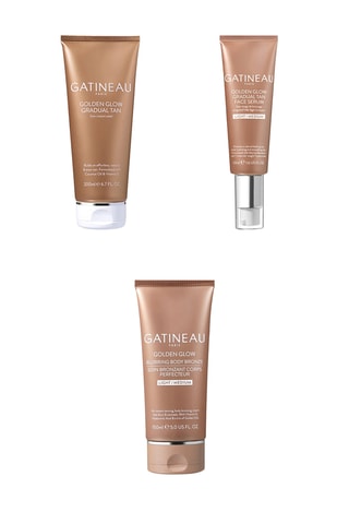 Bruiningsgelcrème - Golden Glow - voor lichaam en gezicht - 200 ml, Zelfbruinend serum voor het gezicht - 50 ml en Bruiningscrème met blur-effect Golden Glow light/medium - voor de gevoelige huid - 150 ml