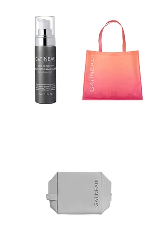 Nachtserum anti-age Age Benefit - Geizcht - 30 ml, totebag- oranje en roze en make-uptasje - grijs
