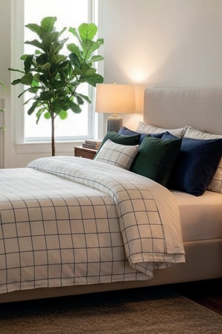 Parure de couette en satin de coton 80 fils/cm² Carreaux minimalistes - Blanc et bleu cobalt