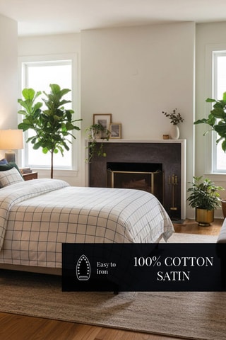 Parure de couette en satin de coton 80 fils/cm² Carreaux minimalistes - Blanc et bleu cobalt