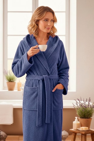 Peignoir en velours à capuche Uni - Bleu-gris