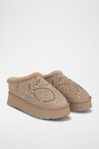 Splitsuède en Leren Gevoerde Clogs - Beige
