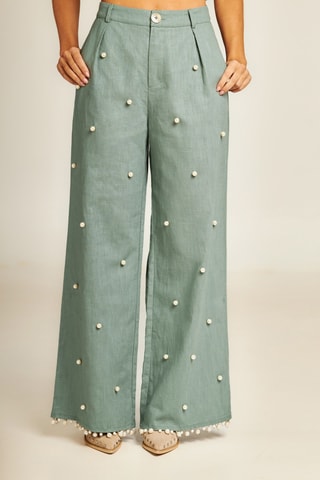 Wijde broek hoge taille van ramie- Olijfgroen
