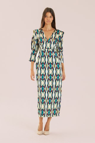 Midi-jurk. Groen en Beige