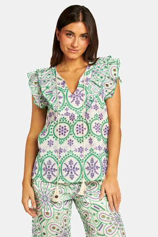 Blouse met Engelse borduursels- Lichtgroen en paars